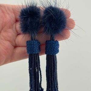 Mignonne Gavigan Jackie Mink Fur Dark Blue Tassel Earrings